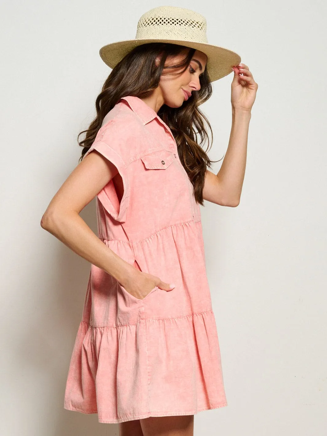 WOMEN'S SHORT SLEEVE BUTTON UP TIERED POCKETS DENIM MINI DRESS