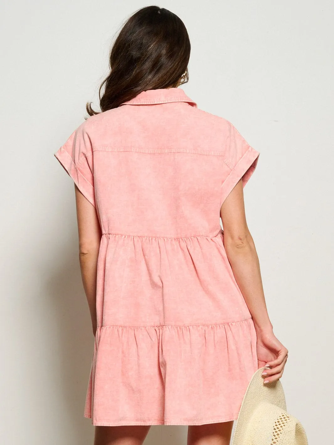 WOMEN'S SHORT SLEEVE BUTTON UP TIERED POCKETS DENIM MINI DRESS