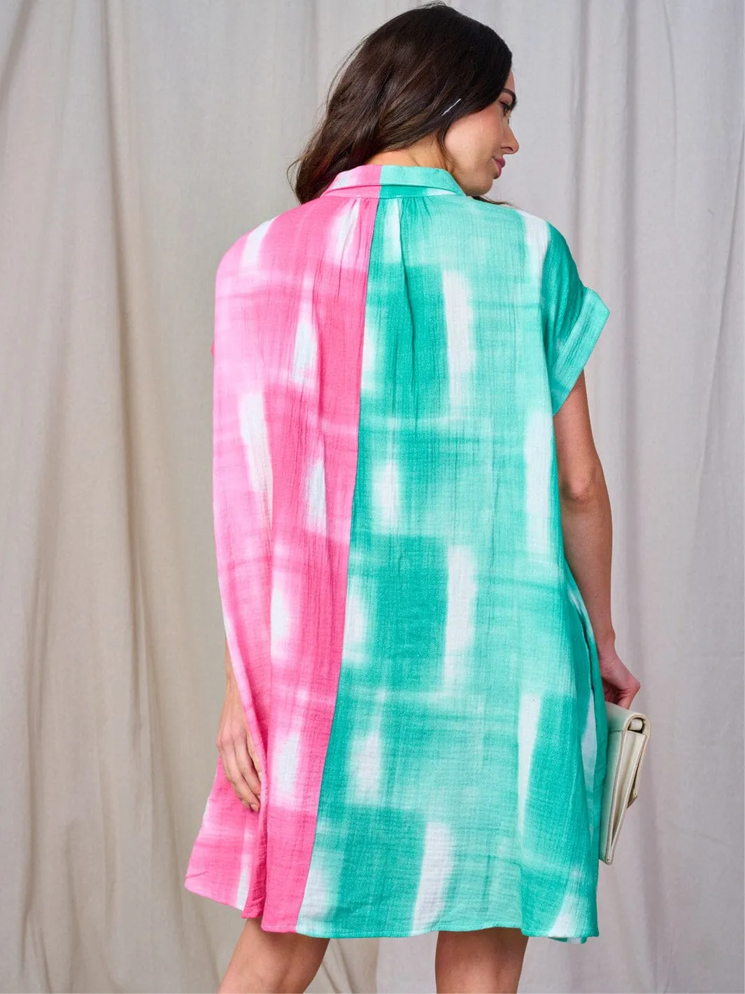 WOMEN'S SHORT SLEEVE FRONT POCKETS BUTTON UP TUNIC TIE DYE MINI DRESS