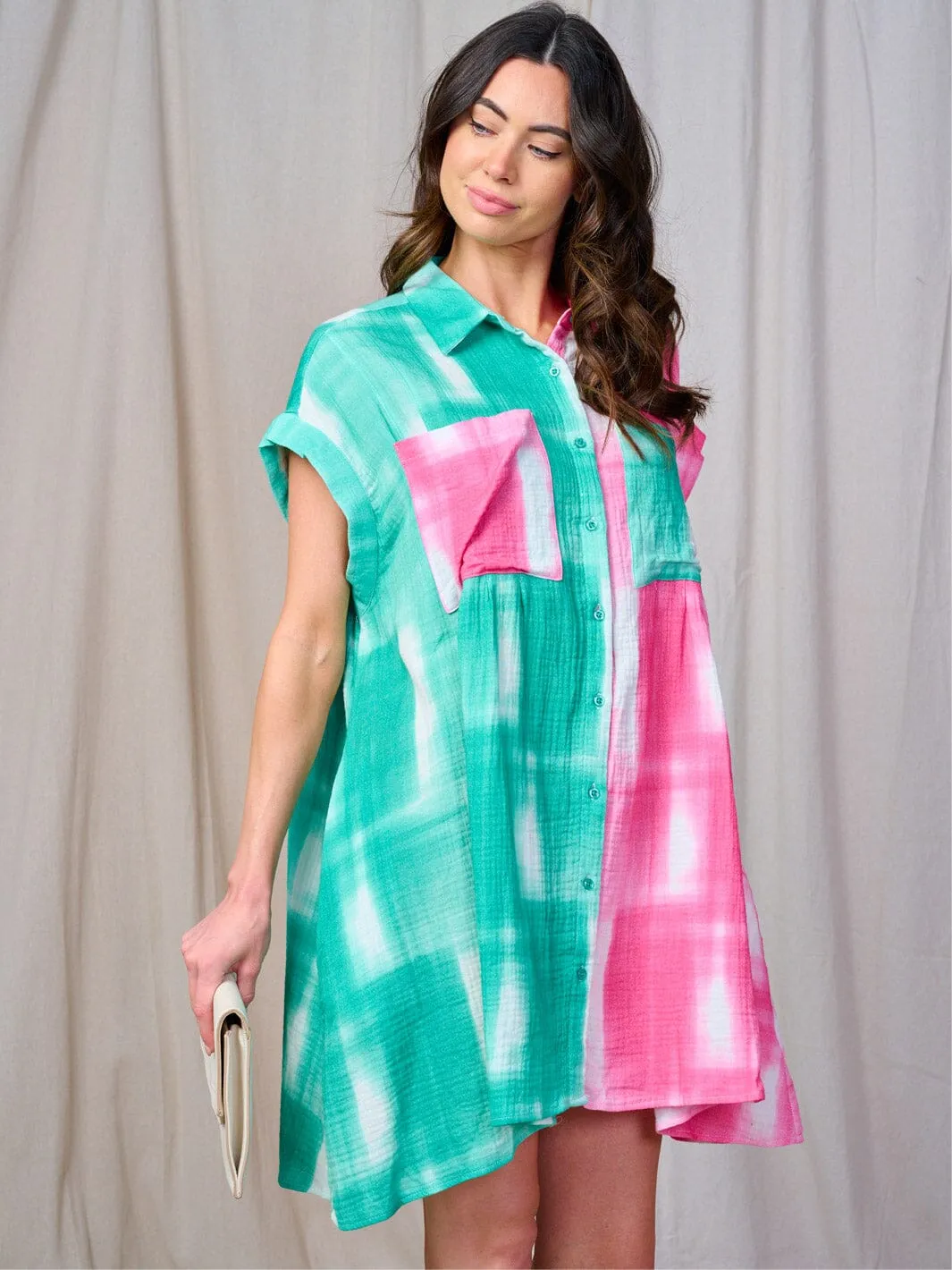 WOMEN'S SHORT SLEEVE FRONT POCKETS BUTTON UP TUNIC TIE DYE MINI DRESS