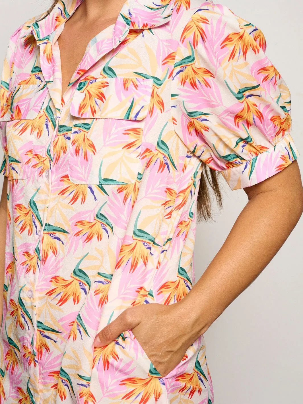 WOMEN'S SHORT SLEEVE POCKETS BUTTON UP FLORAL MAXI DRESS