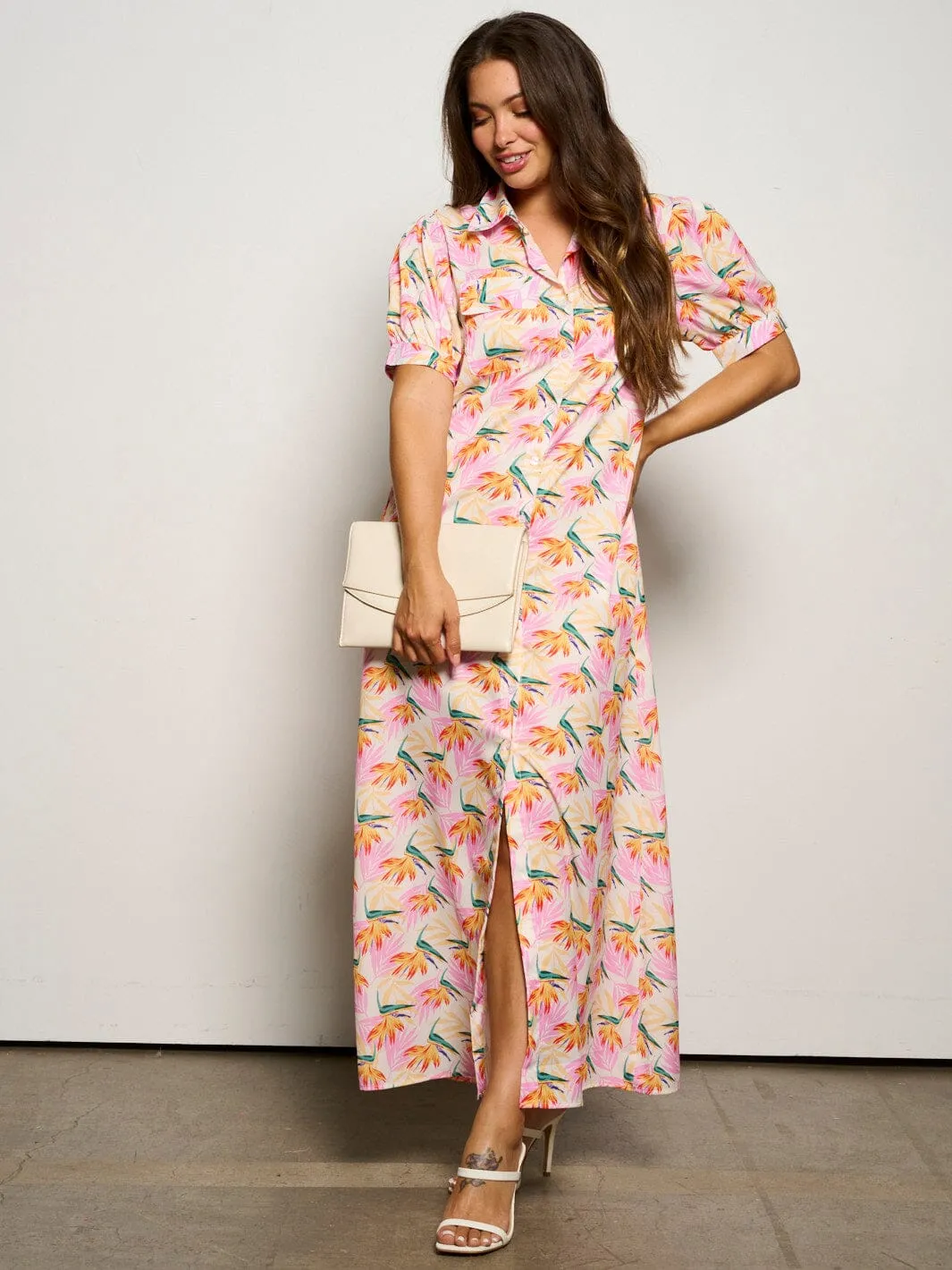 WOMEN'S SHORT SLEEVE POCKETS BUTTON UP FLORAL MAXI DRESS