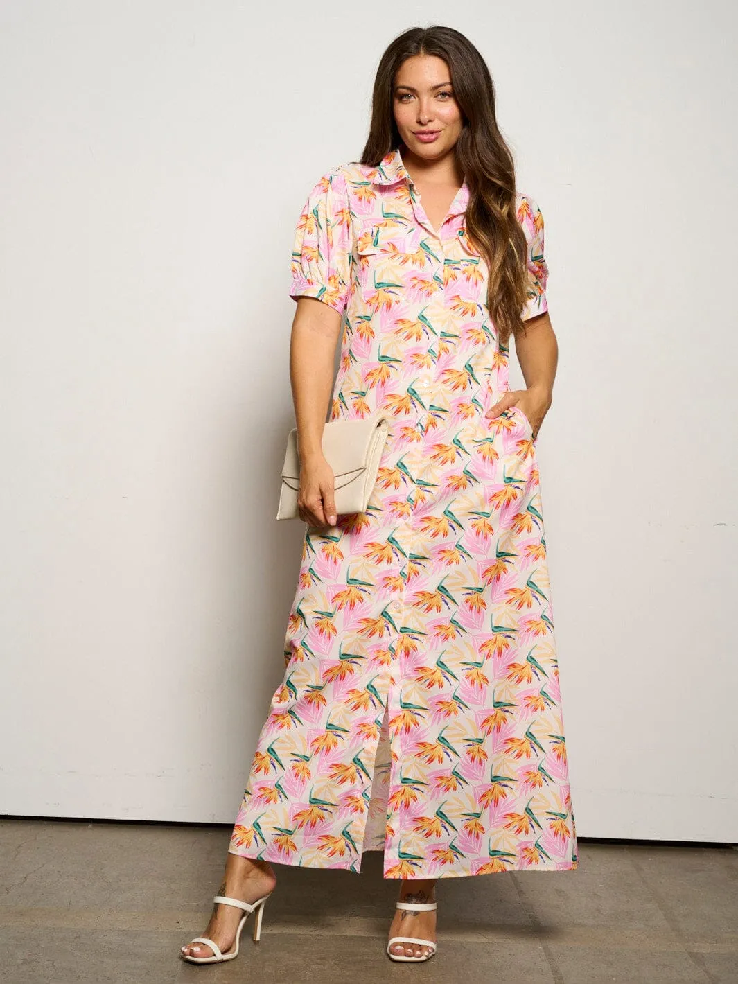 WOMEN'S SHORT SLEEVE POCKETS BUTTON UP FLORAL MAXI DRESS