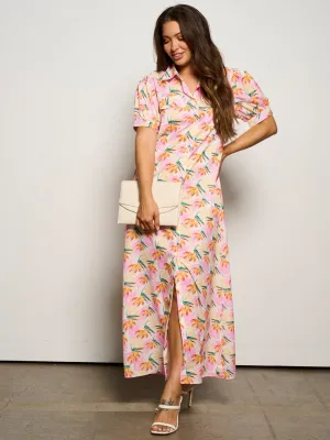 WOMEN'S SHORT SLEEVE POCKETS BUTTON UP FLORAL MAXI DRESS