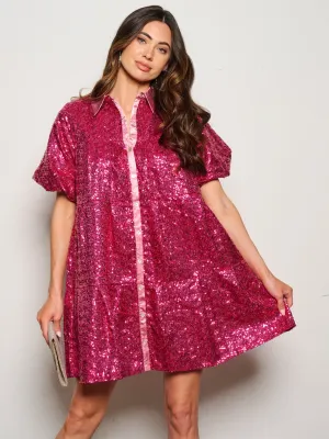 WOMEN'S SHORT SLEEVE POCKETS TIERED TUNIC SEQUINS MINI DRESS