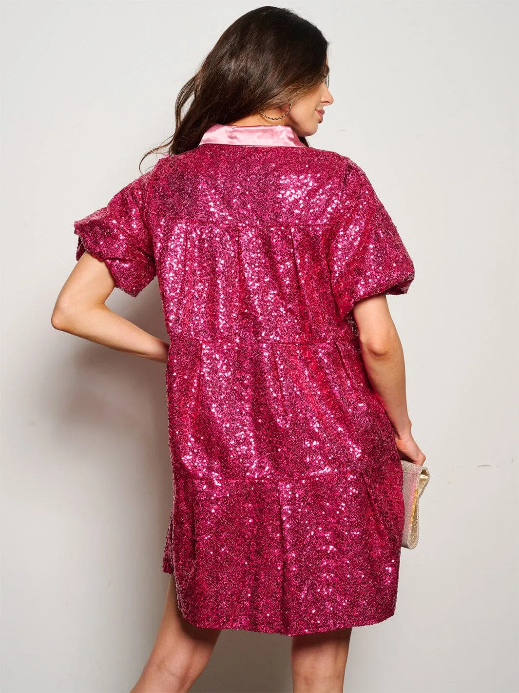 WOMEN'S SHORT SLEEVE POCKETS TIERED TUNIC SEQUINS MINI DRESS