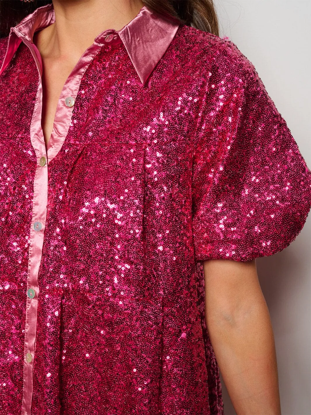 WOMEN'S SHORT SLEEVE POCKETS TIERED TUNIC SEQUINS MINI DRESS