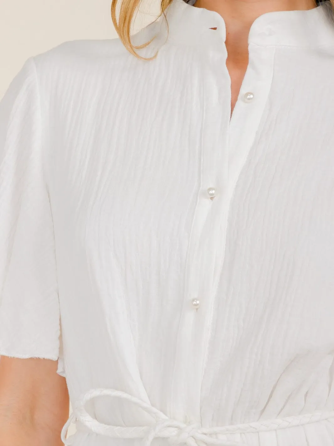 WOMEN'S SHORT SLEEVE SELF TIE BUTTON UP MINI DRESS