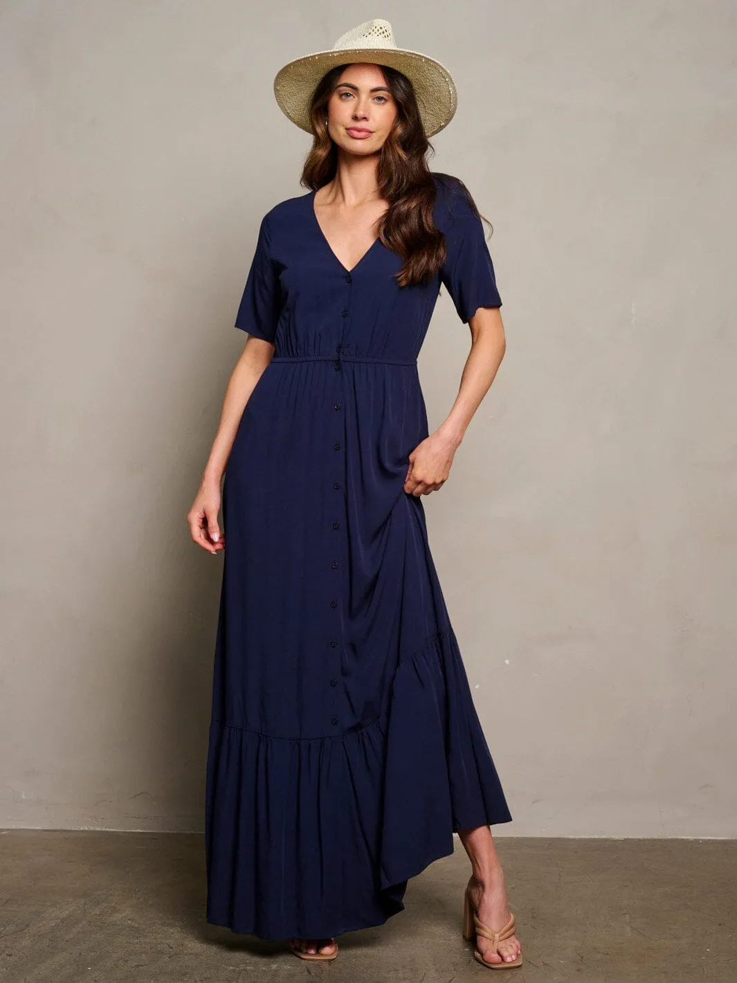 WOMEN'S SHORT SLEEVE V-NECK BUTTON UP MAXI DRESS