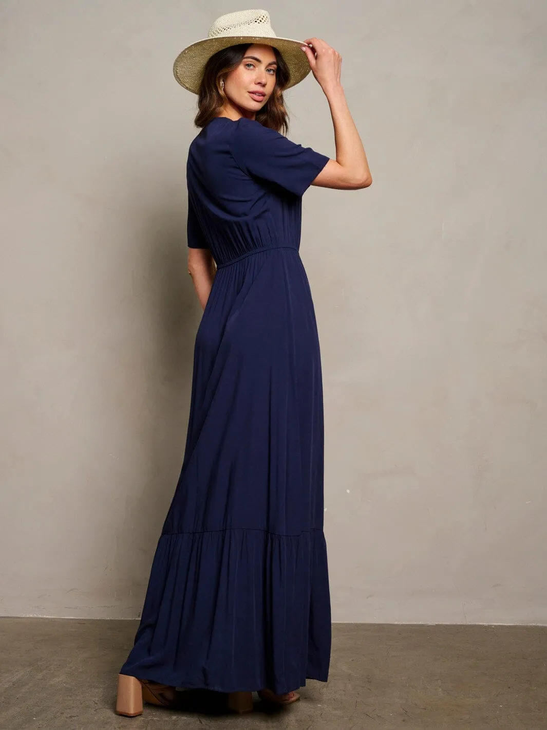 WOMEN'S SHORT SLEEVE V-NECK BUTTON UP MAXI DRESS