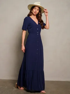 WOMEN'S SHORT SLEEVE V-NECK BUTTON UP MAXI DRESS
