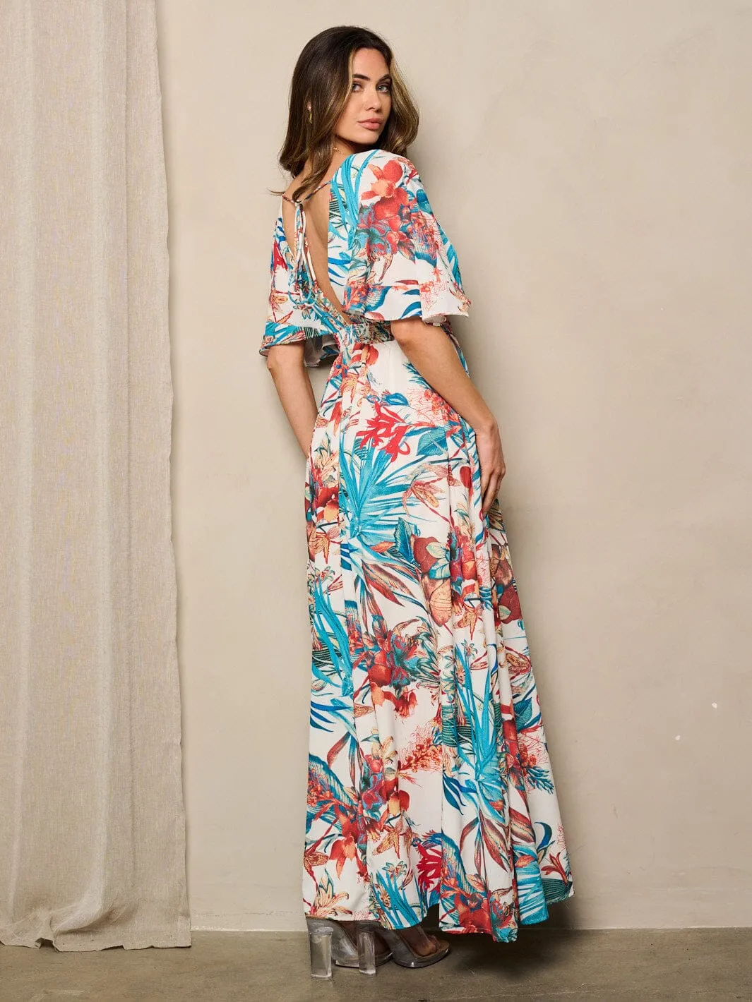 WOMEN'S SHORT SLEEVE V-NECK FLORAL PRINT MAXI DRESS