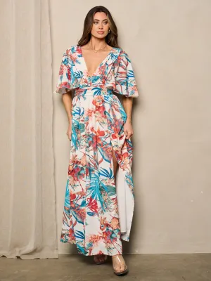 WOMEN'S SHORT SLEEVE V-NECK FLORAL PRINT MAXI DRESS