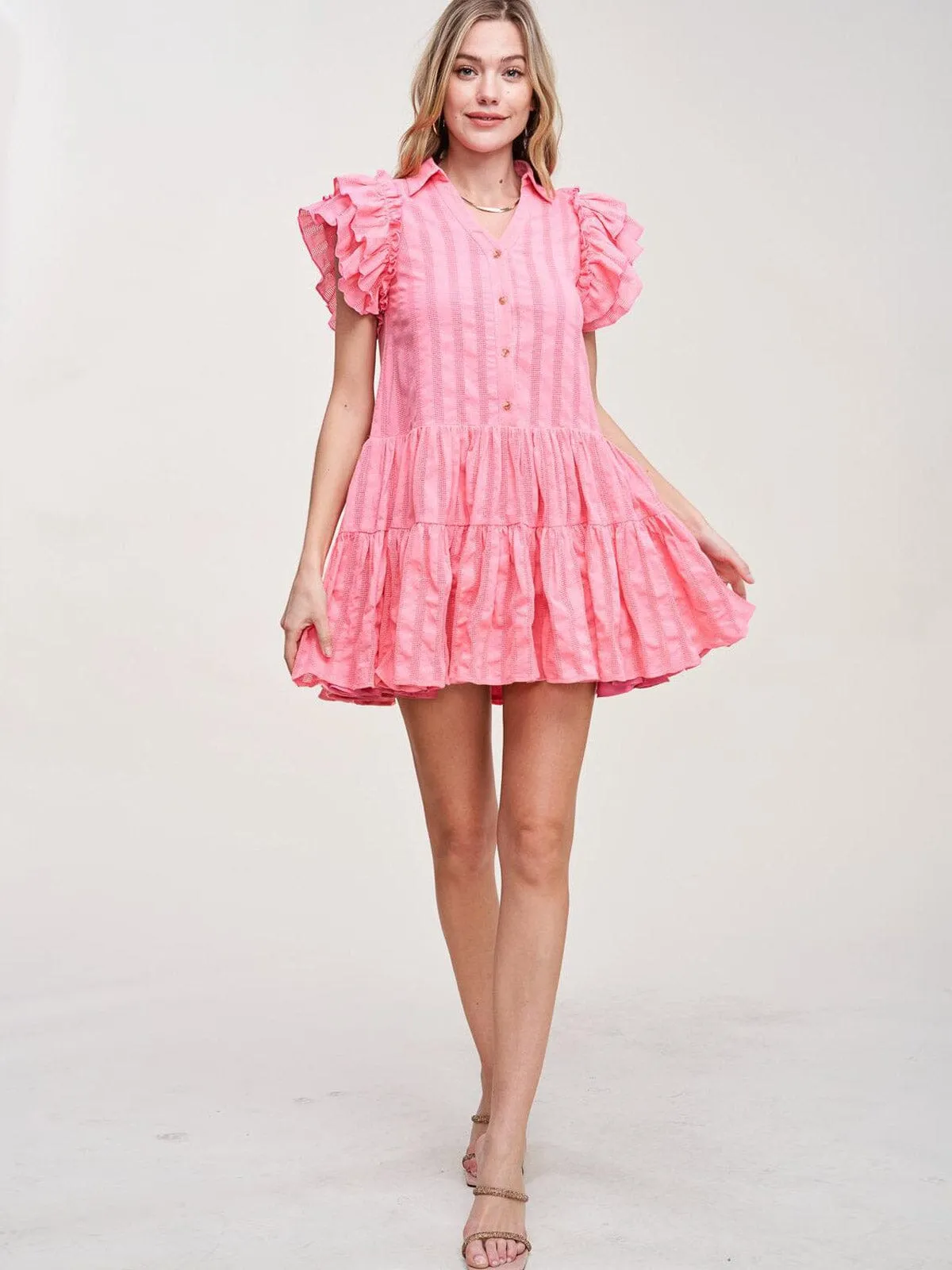 WOMEN'S SHORT SLEEVE V-NECK RUFFLE MINI DRESS