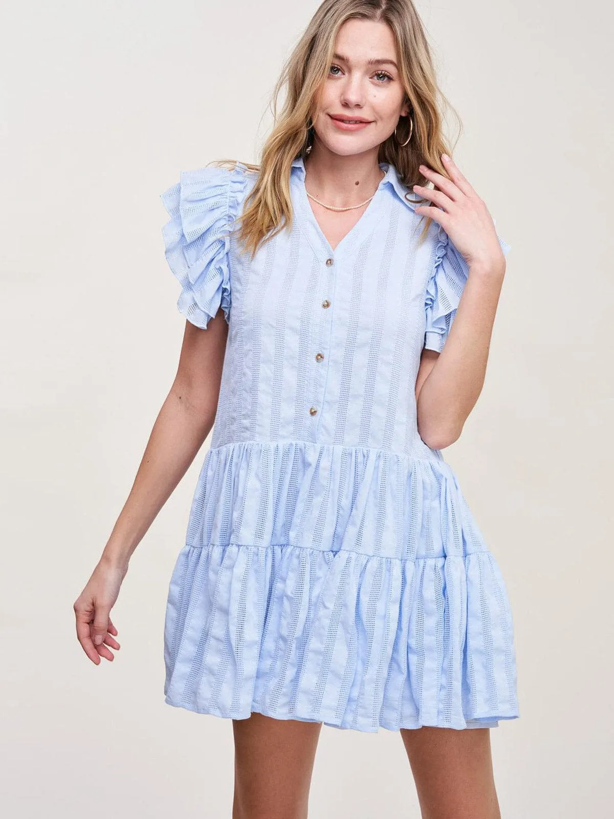 WOMEN'S SHORT SLEEVE V-NECK RUFFLE MINI DRESS