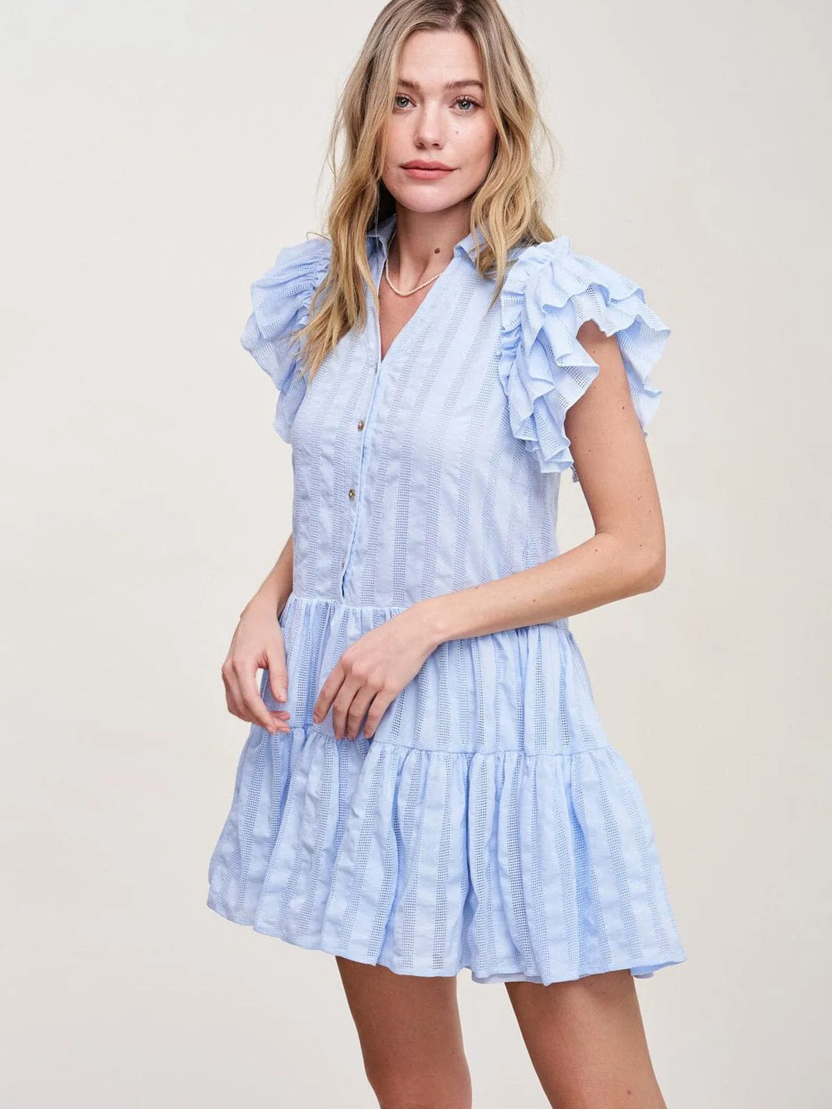 WOMEN'S SHORT SLEEVE V-NECK RUFFLE MINI DRESS