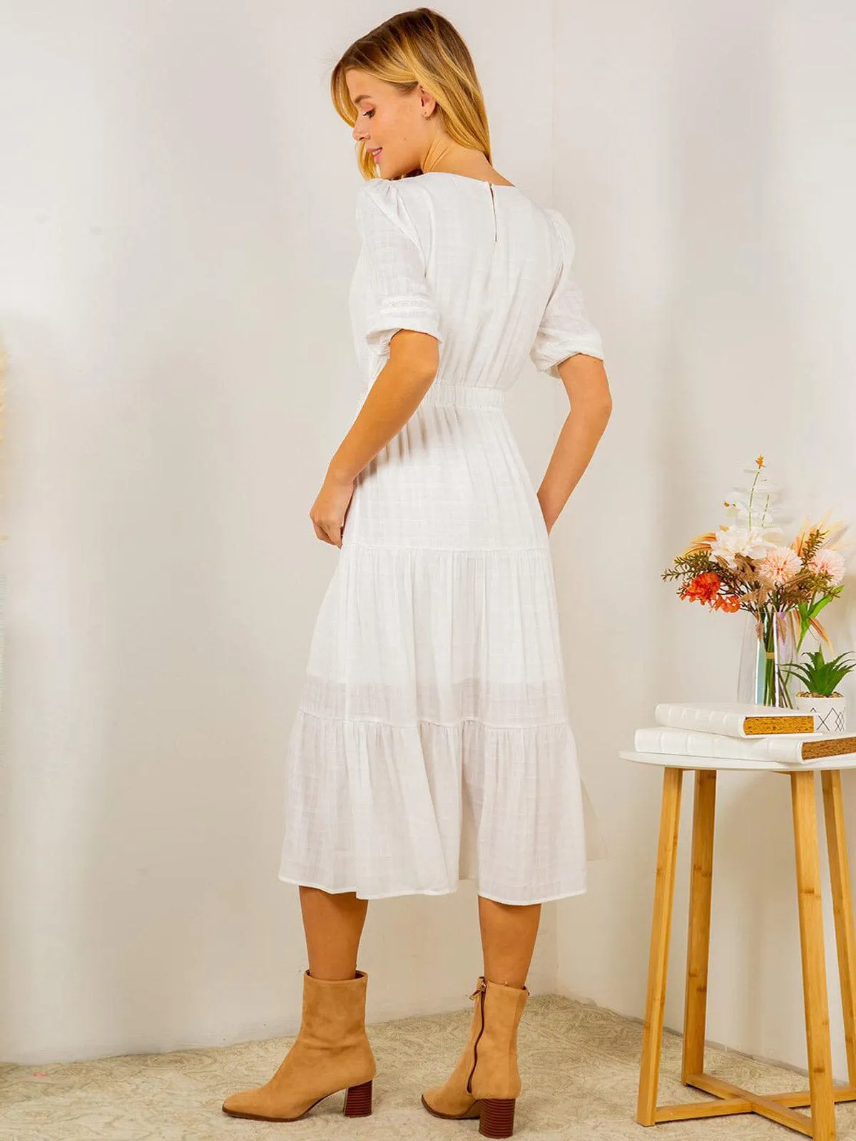 WOMEN'S SHORT SLEEVE V-NECK TIERED MIDI DRESS