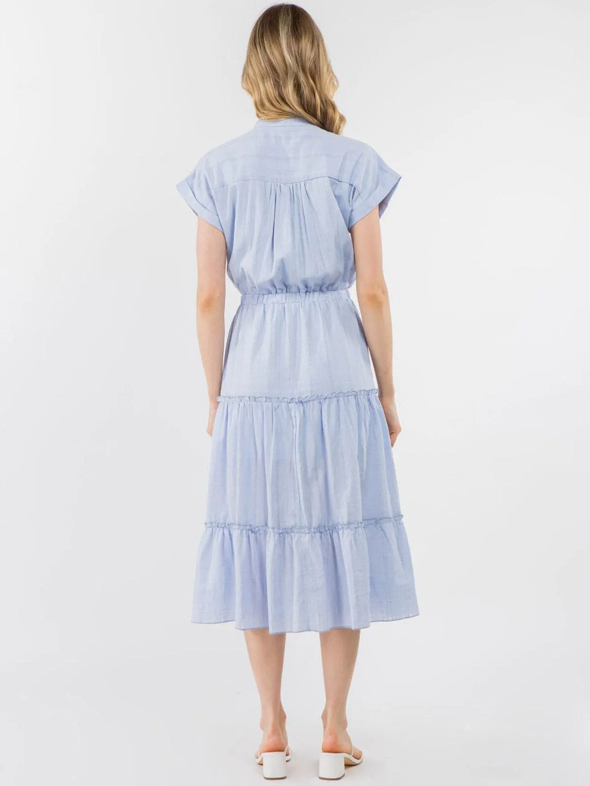 WOMEN'S SHORT SLEEVE V-NECK TIERED MIDI DRESS