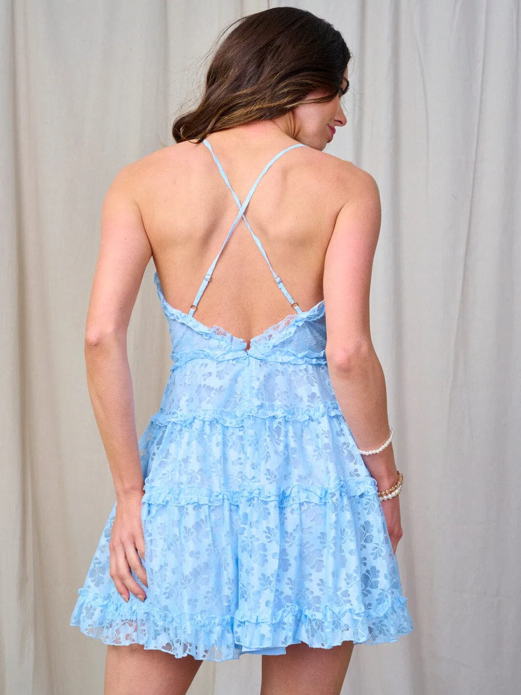WOMEN'S SLEEVELESS OPEN BACK V-NECK LACE FIT & FLARE MINI DRESS