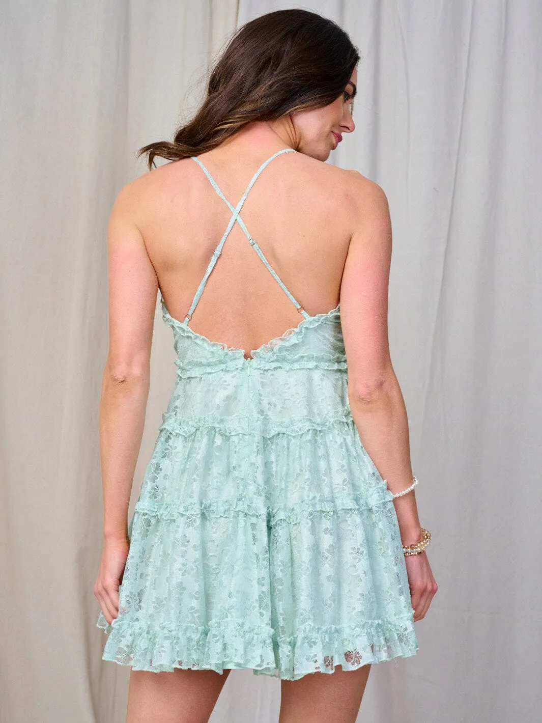 WOMEN'S SLEEVELESS OPEN BACK V-NECK LACE FIT & FLARE MINI DRESS
