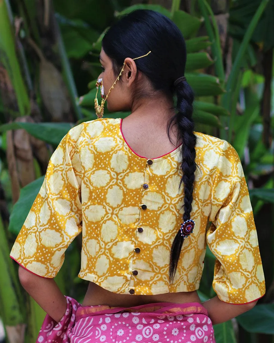 Yellow Blockprinted Mashru Silk Blouse-Chand Se